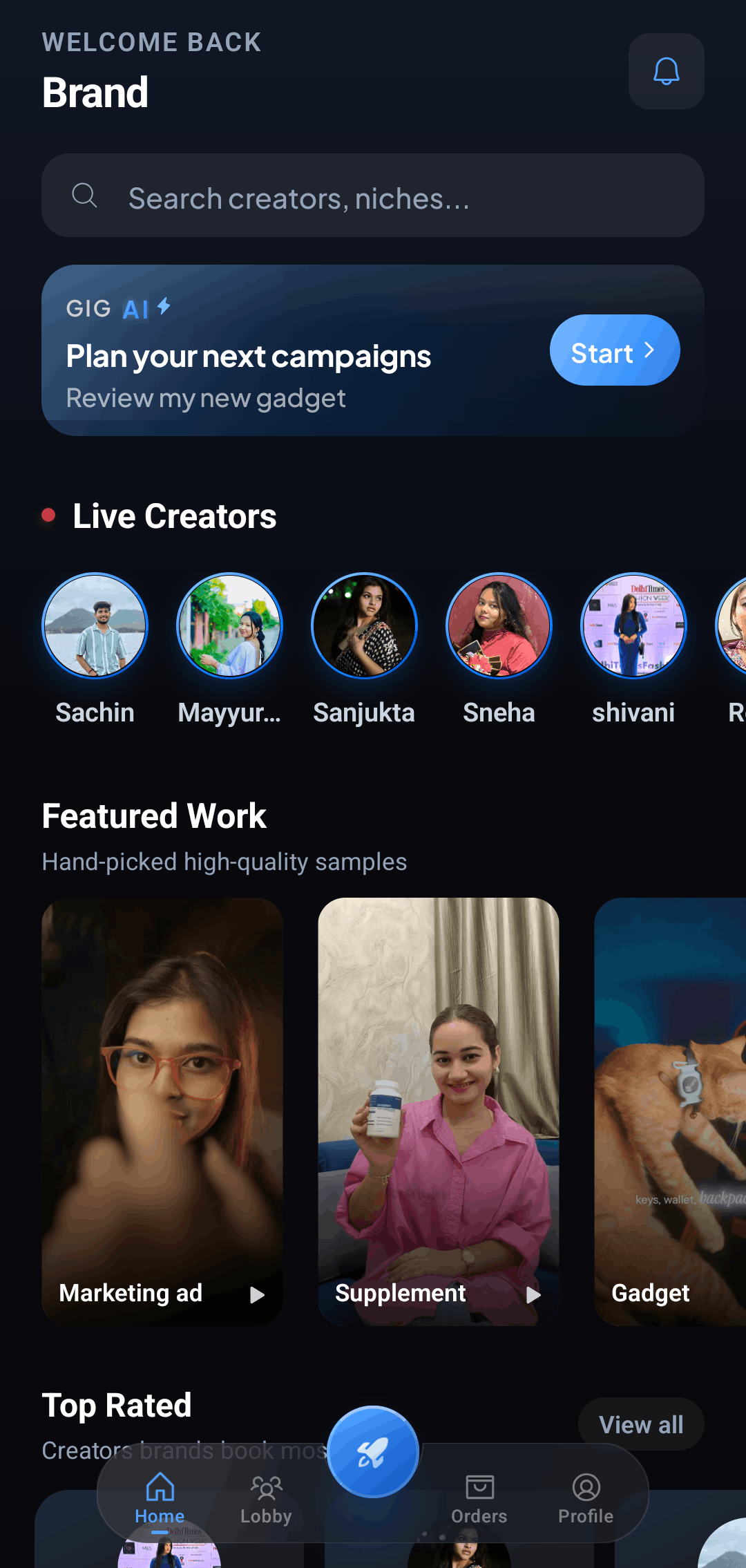 GigLobby brand home - discover creators